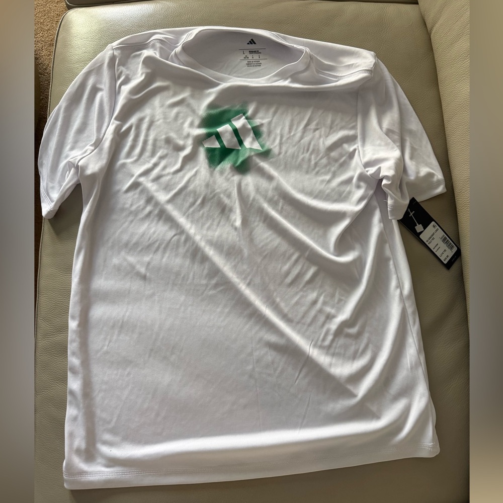 Adidas youth L (14-16) dri-fit White Short-Sleeve Logo Tee with Green Accent NWT